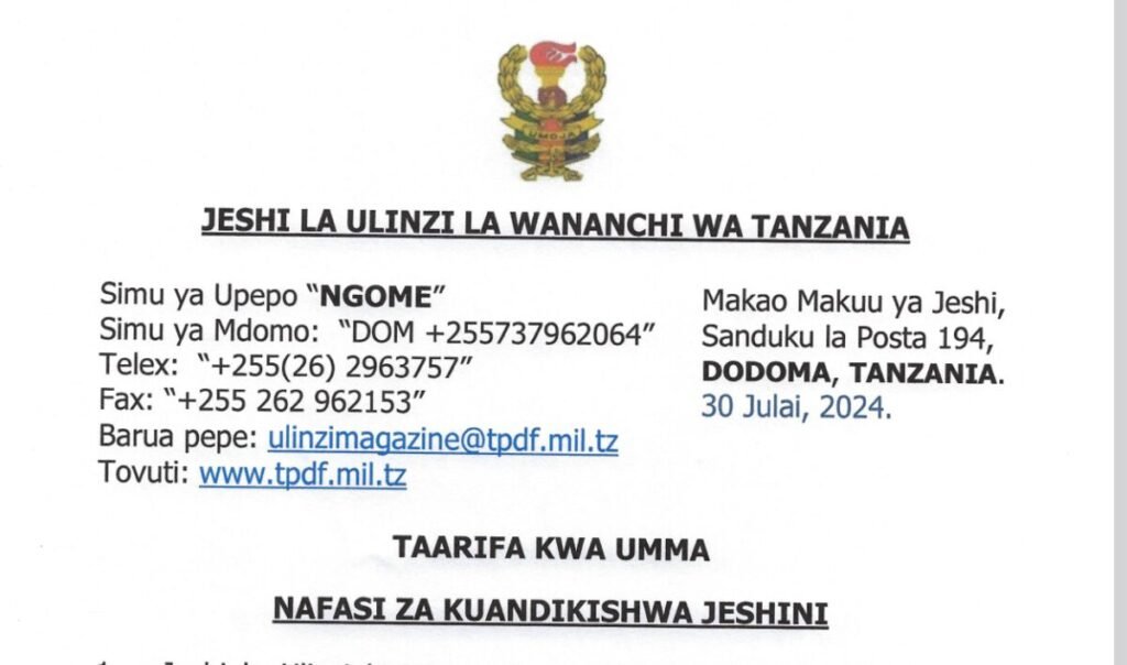 Nafasi za Kujiunga na JWTZ 2024