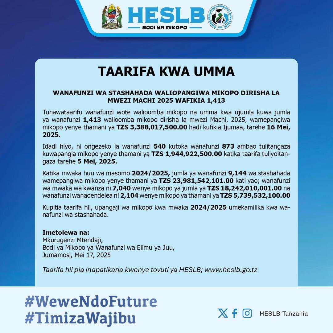 HESLB Yatangaza Upangaji Mikopo Kwa Wanafunzi wa Stashahada Mwezi Machi 2025