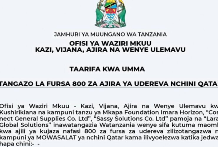 TANGAZO LA FURSA 800 ZA AJIRA YA UDEREVA NCHINI QATAR