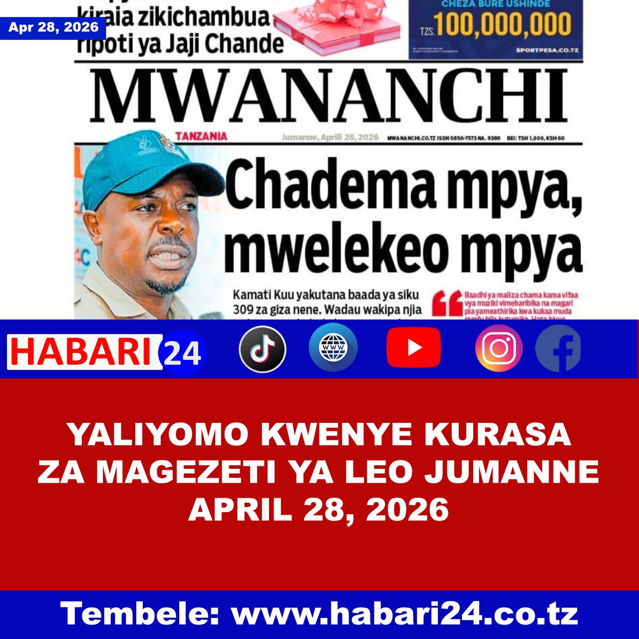 Kurasa za mbele za Magazeti ya leo Jumanne April 28, 2026